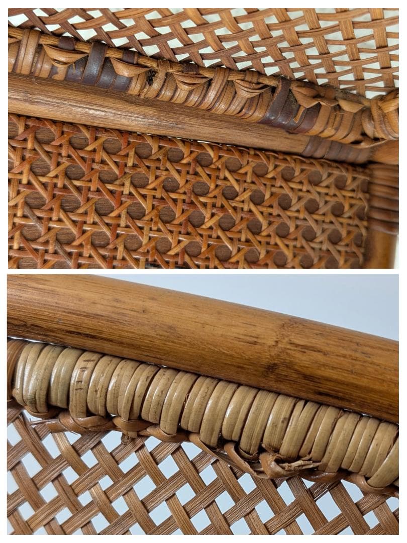 ビンテージ ラタン 脚付き バスケット ハンドル ラック カゴ 工藝 モダン