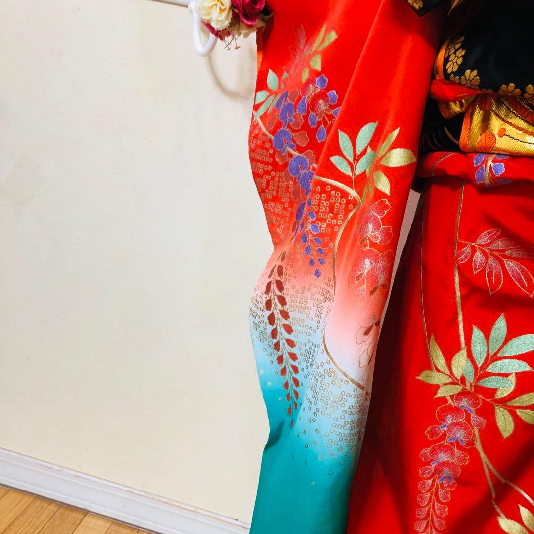 七五三豪華正絹7歳フルセット‼️人気赤地暈し⭐︎手毬花藤垂れ箔⭐︎金彩煌びやか逸品