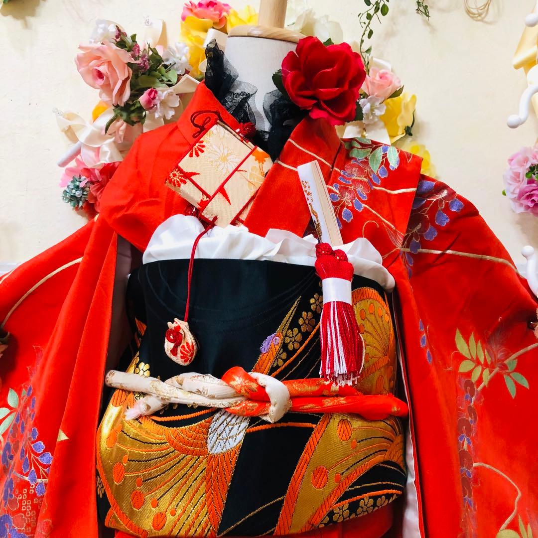七五三豪華正絹7歳フルセット‼️人気赤地暈し⭐︎手毬花藤垂れ箔⭐︎金彩煌びやか逸品