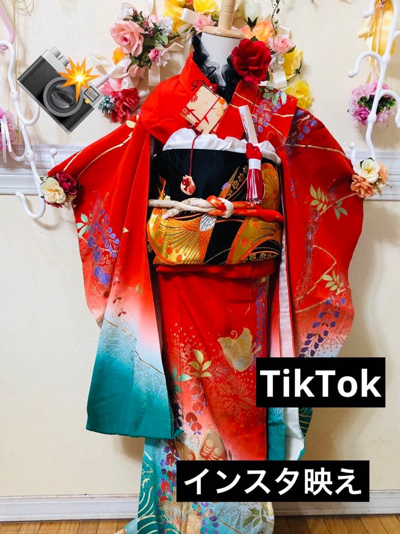 七五三豪華正絹7歳フルセット‼️人気赤地暈し⭐︎手毬花藤垂れ箔⭐︎金彩煌びやか逸品