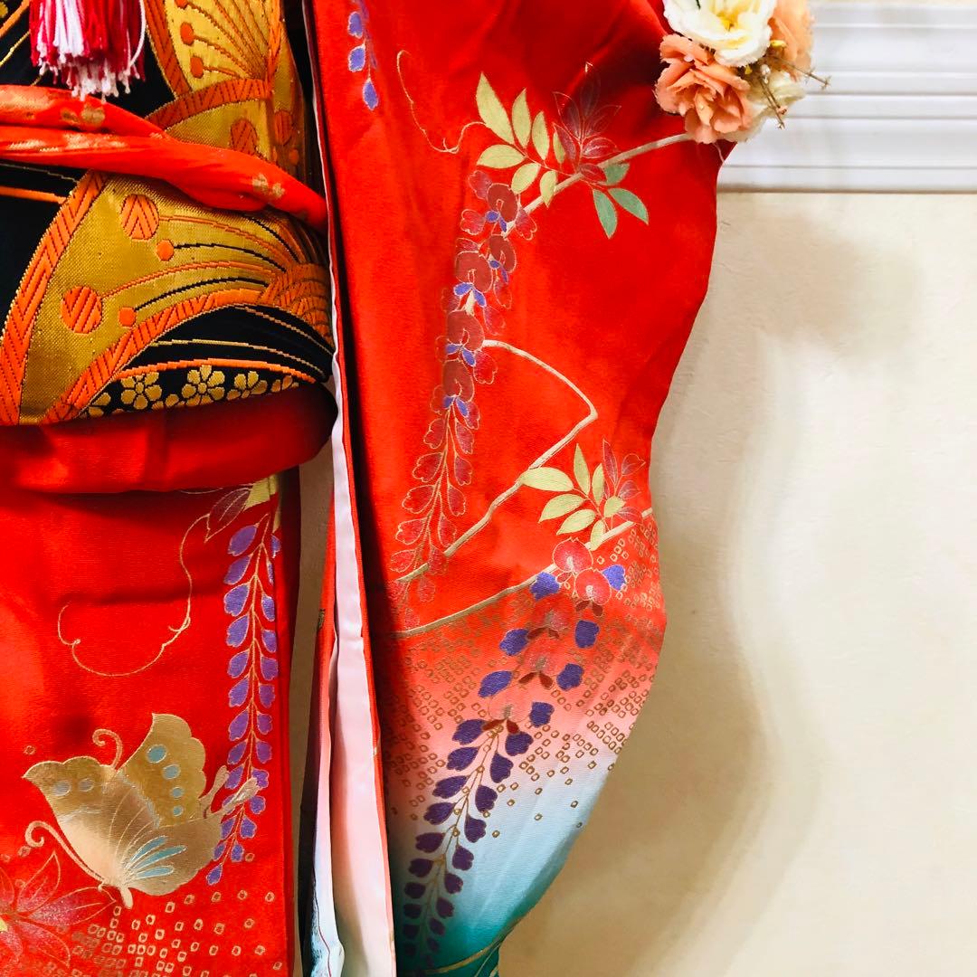 七五三豪華正絹7歳フルセット‼️人気赤地暈し⭐︎手毬花藤垂れ箔⭐︎金彩煌びやか逸品