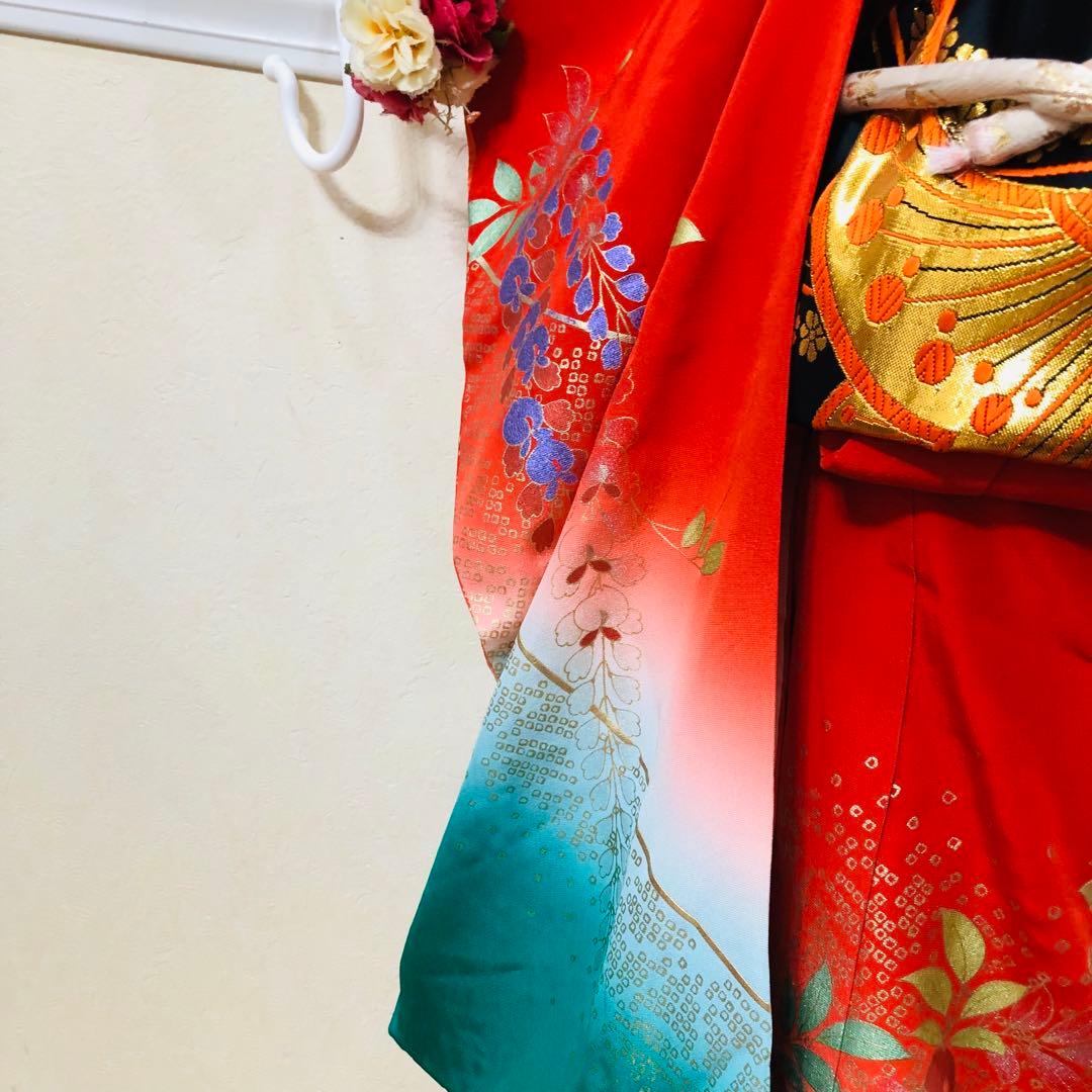 七五三豪華正絹7歳フルセット‼️人気赤地暈し⭐︎手毬花藤垂れ箔⭐︎金彩煌びやか逸品