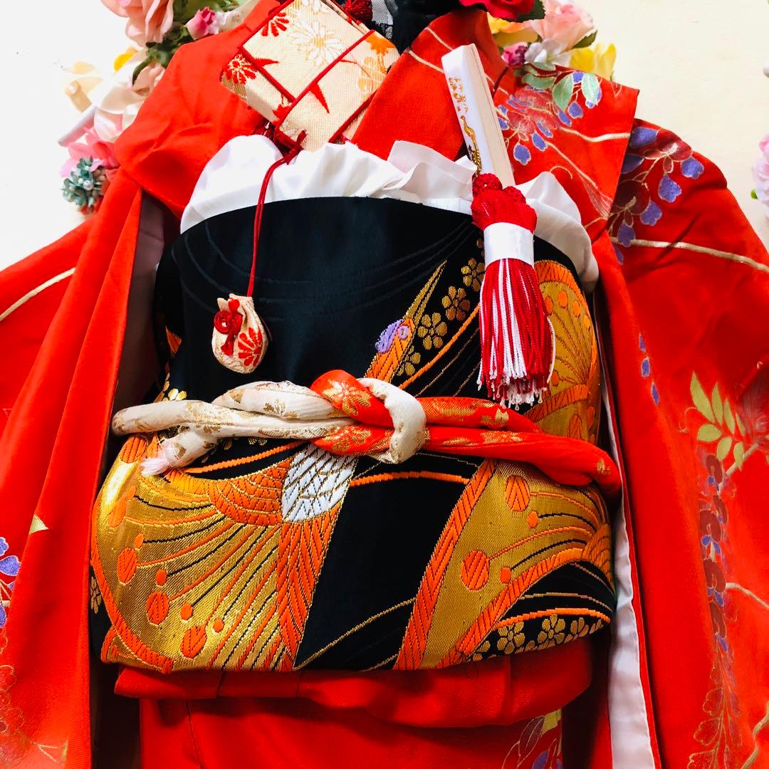 七五三豪華正絹7歳フルセット‼️人気赤地暈し⭐︎手毬花藤垂れ箔⭐︎金彩煌びやか逸品