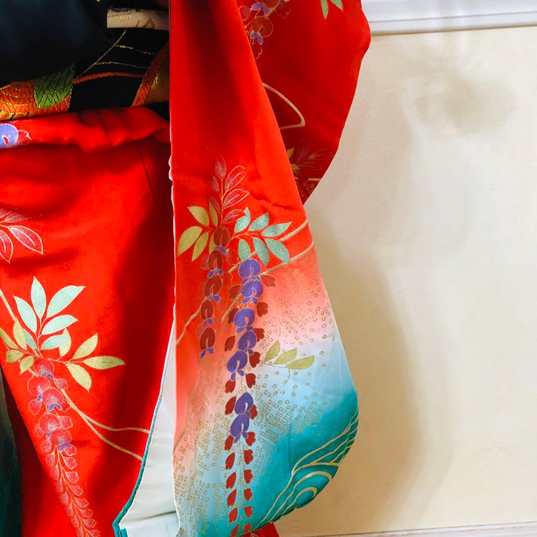 七五三豪華正絹7歳フルセット‼️人気赤地暈し⭐︎手毬花藤垂れ箔⭐︎金彩煌びやか逸品