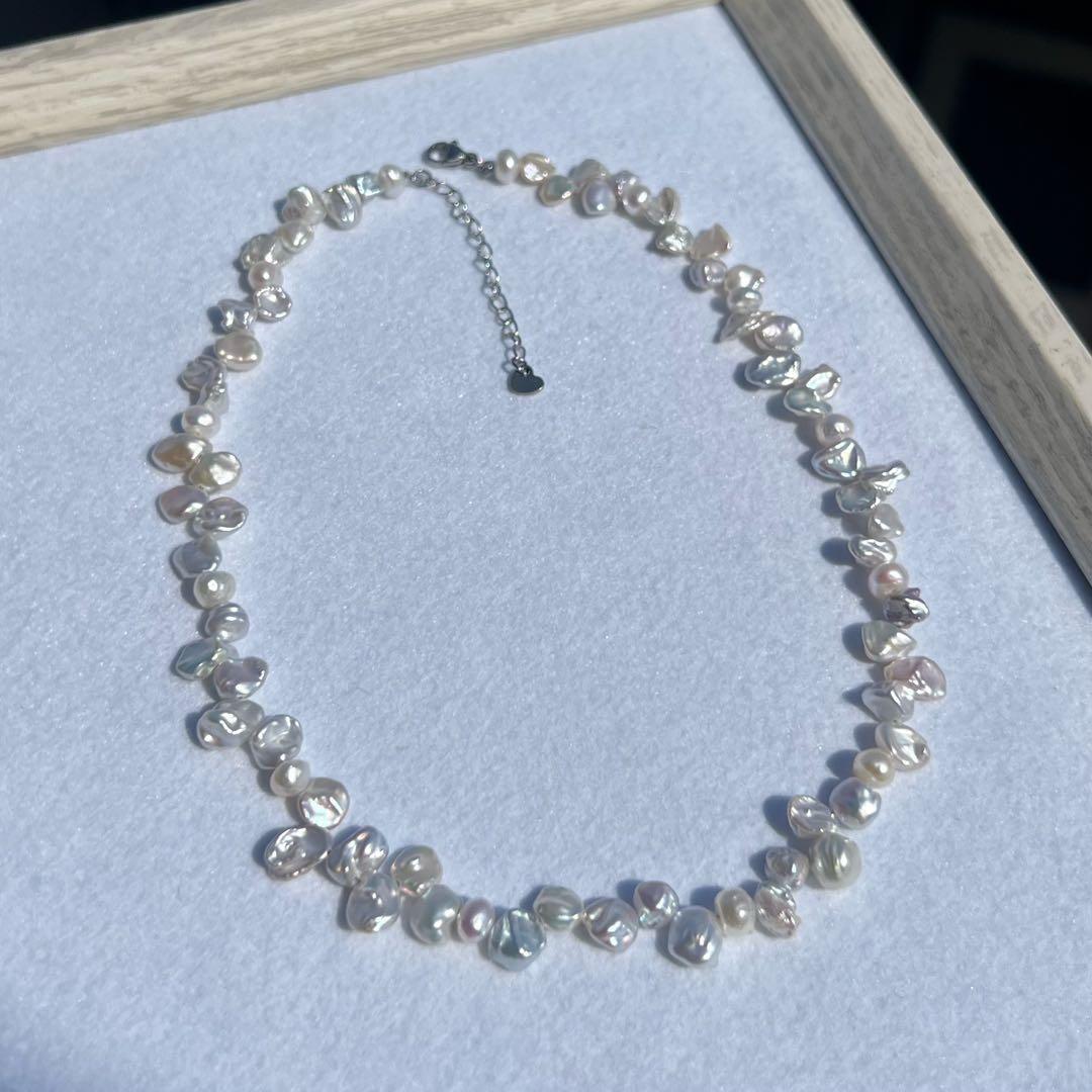 花びらケシパールネックレス　パールネックレス　一連　淡水パール　メタリックカラー