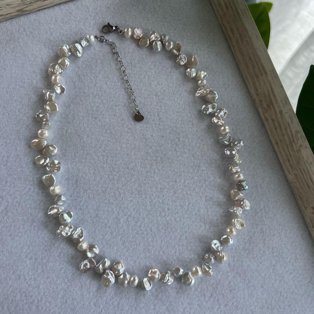 花びらケシパールネックレス　パールネックレス　一連　淡水パール　メタリックカラー