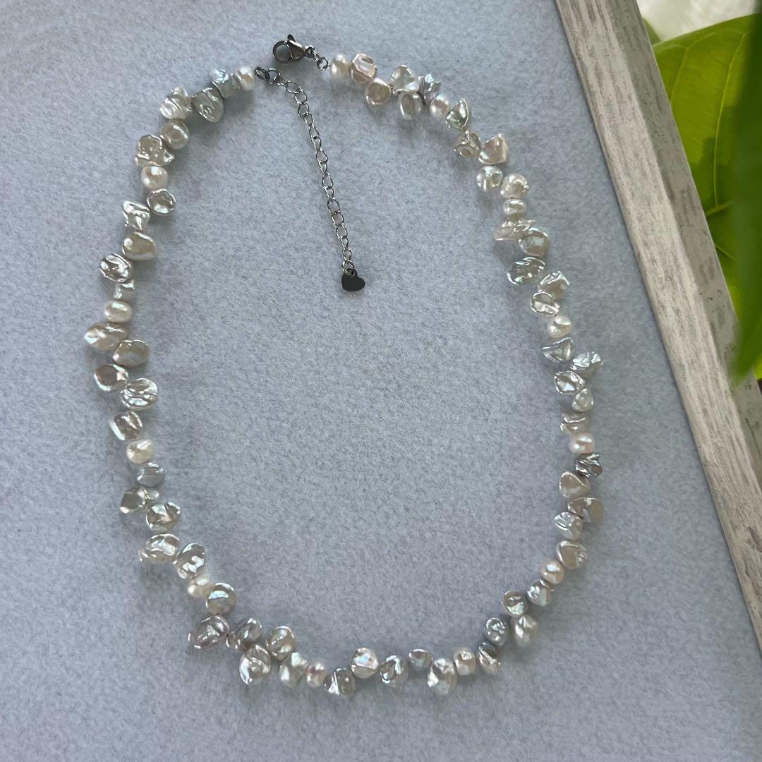 花びらケシパールネックレス　パールネックレス　一連　淡水パール　メタリックカラー