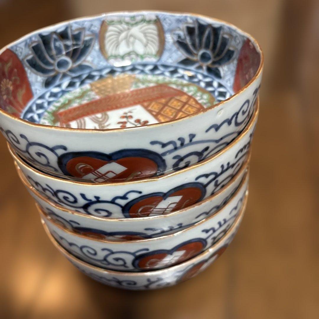 力作古伊万里色絵なます鉢（皿）五個セット中鉢　中も外も素敵な絵付け　収納木箱付き