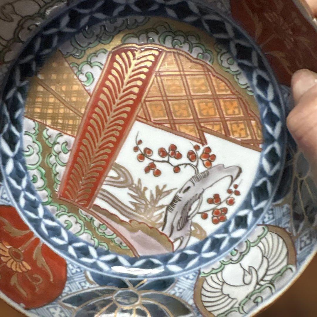 力作古伊万里色絵なます鉢（皿）五個セット中鉢　中も外も素敵な絵付け　収納木箱付き