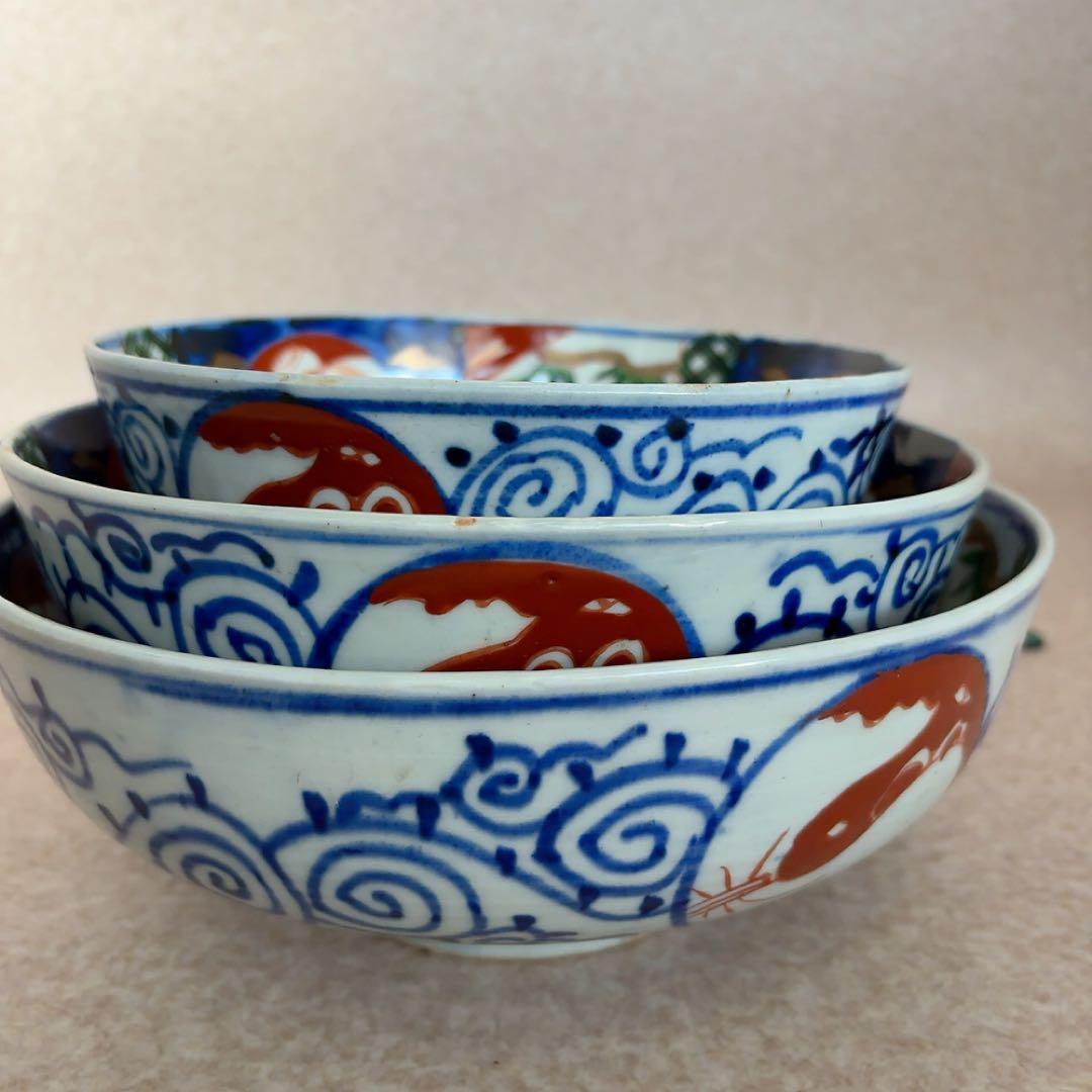 古伊万里　錦手 山水図 大鉢　茶道具　茶器和風絵柄のボウル3個セットA582