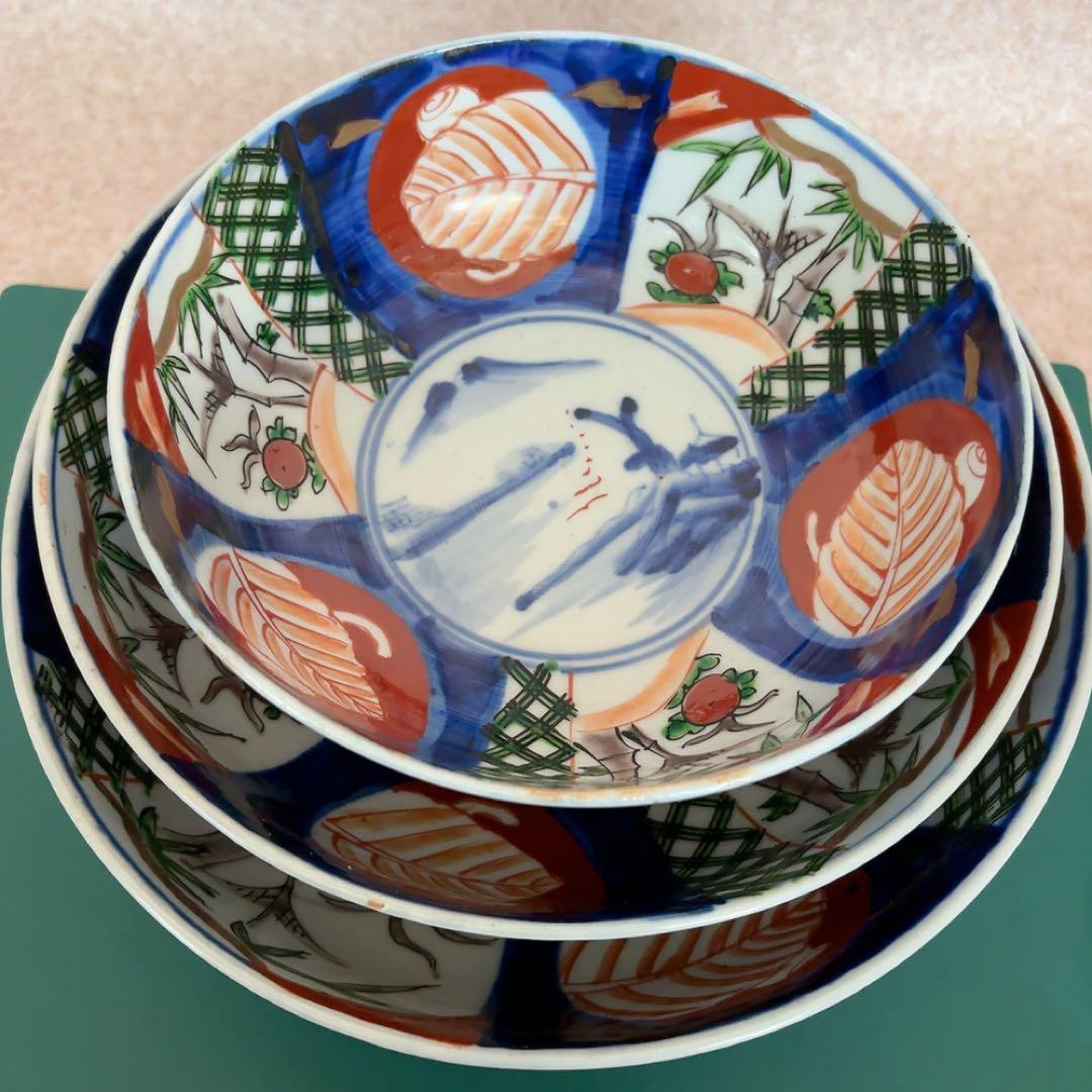古伊万里　錦手 山水図 大鉢　茶道具　茶器和風絵柄のボウル3個セットA582