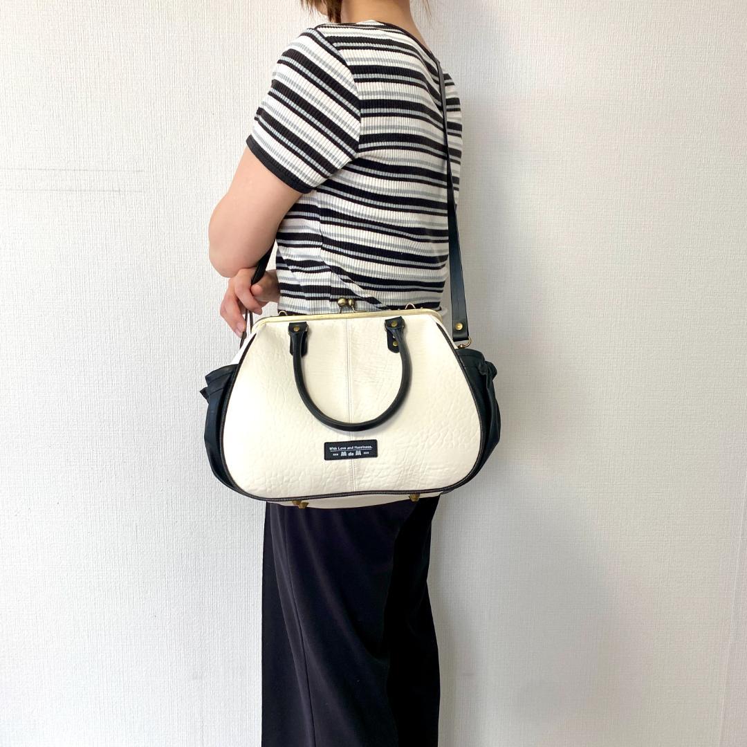 ホワイト＆ブラック 2way がま口バッグ ＆ ミニトートショルダー 合皮