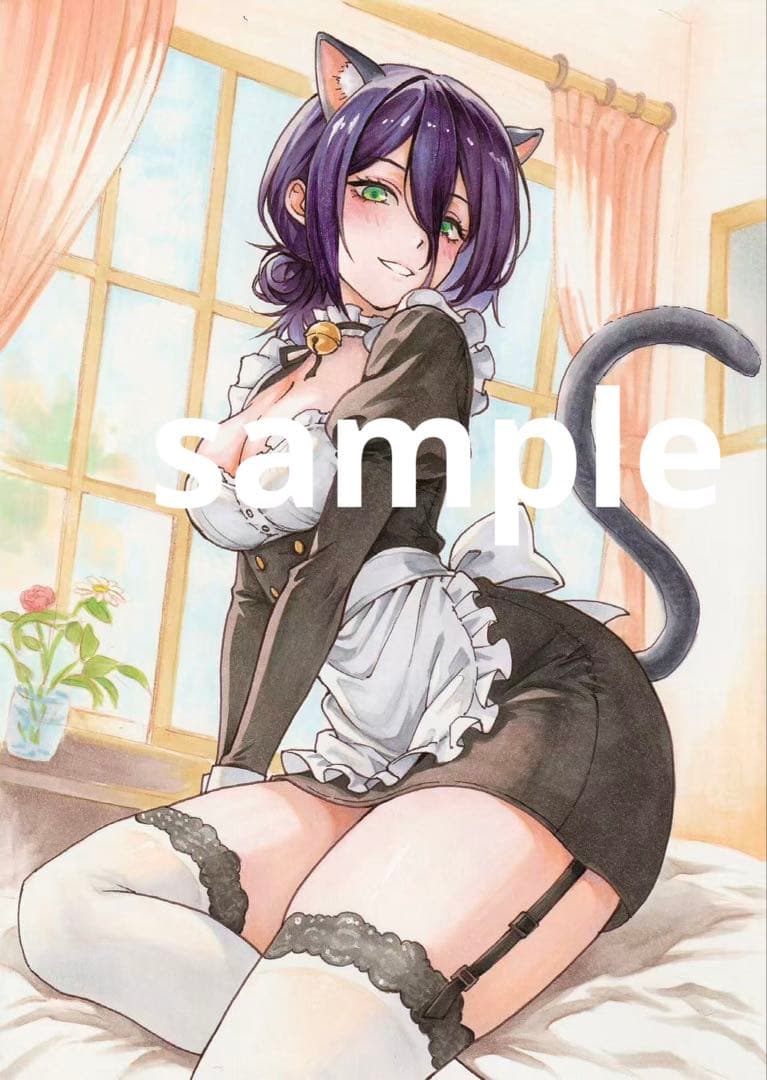 手描きイラスト　原画　アナログイラスト　美少女　一点物　メイド　猫耳