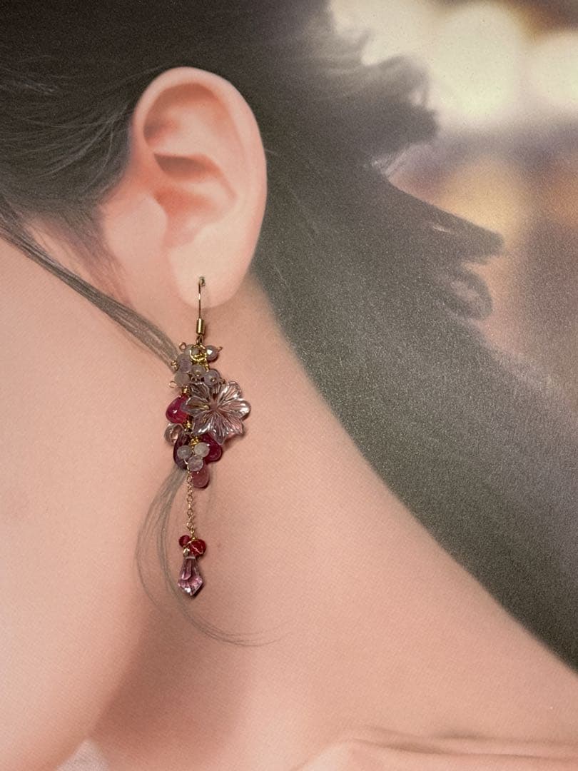 14kgfピンクアメジストフラワーカービング☆ピンクサファイア華やかピアス