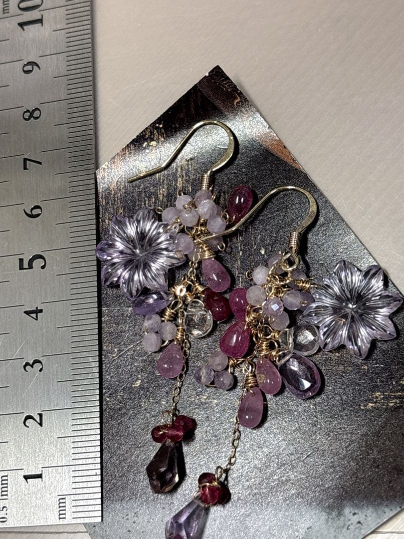 14kgfピンクアメジストフラワーカービング☆ピンクサファイア華やかピアス