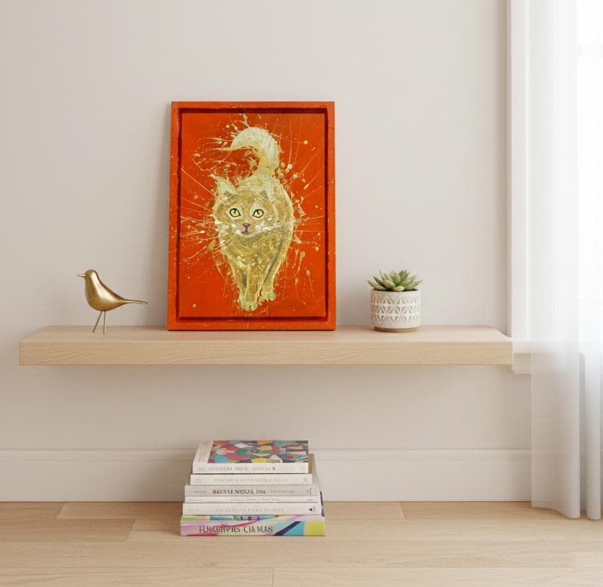 猫 原画 アクリル画 インテリアアート「ゴールデンニャンコ」