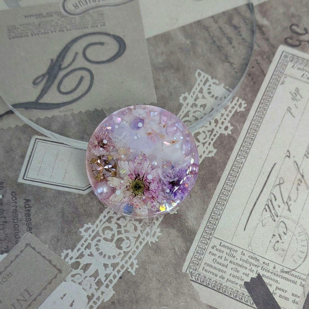 ＃477 ピンク＆パープル✴シェル✴マトリカリア✴レジンヘアゴムキーホルダー