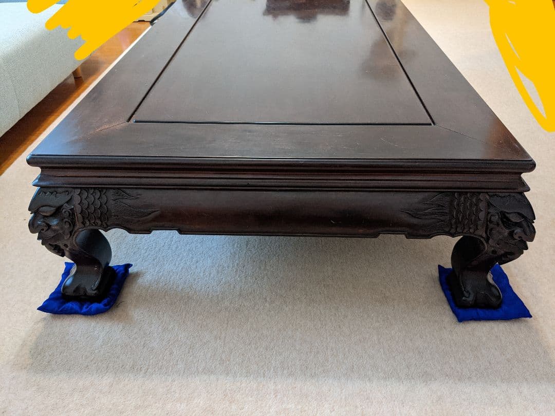 座卓テーブル　ポセイドン彫物　唐木テーブル　紫檀　黒檀