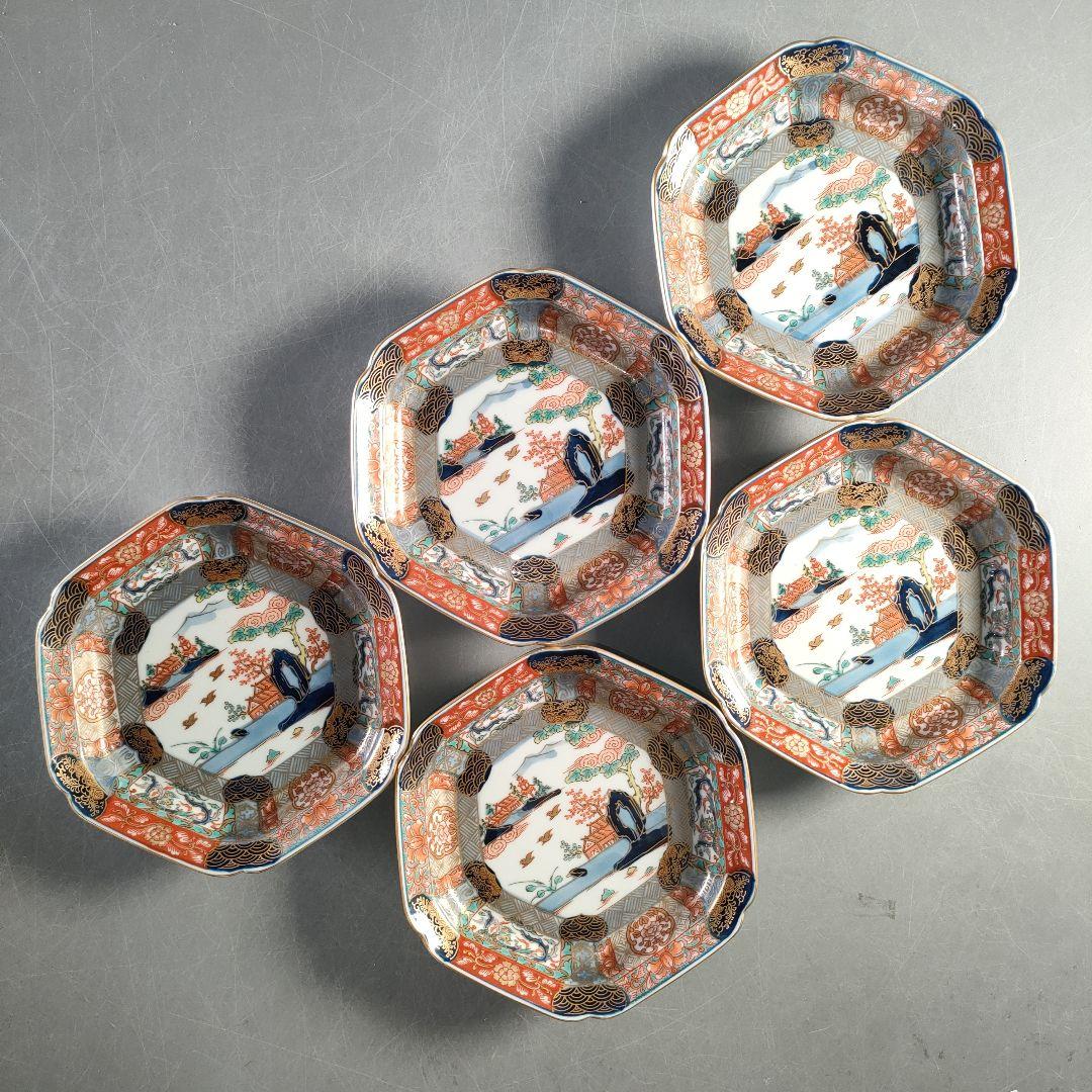 A1367-3/有田焼/幸楽窯/古伊万里金彩錦色絵山水取皿揃5客/共箱/懐石道具