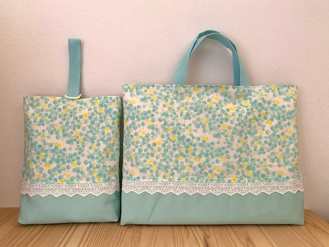 ハンドメイド　入園入学準備６点セット　レッスンバッグ　ミモザ　グリーン　イエロー