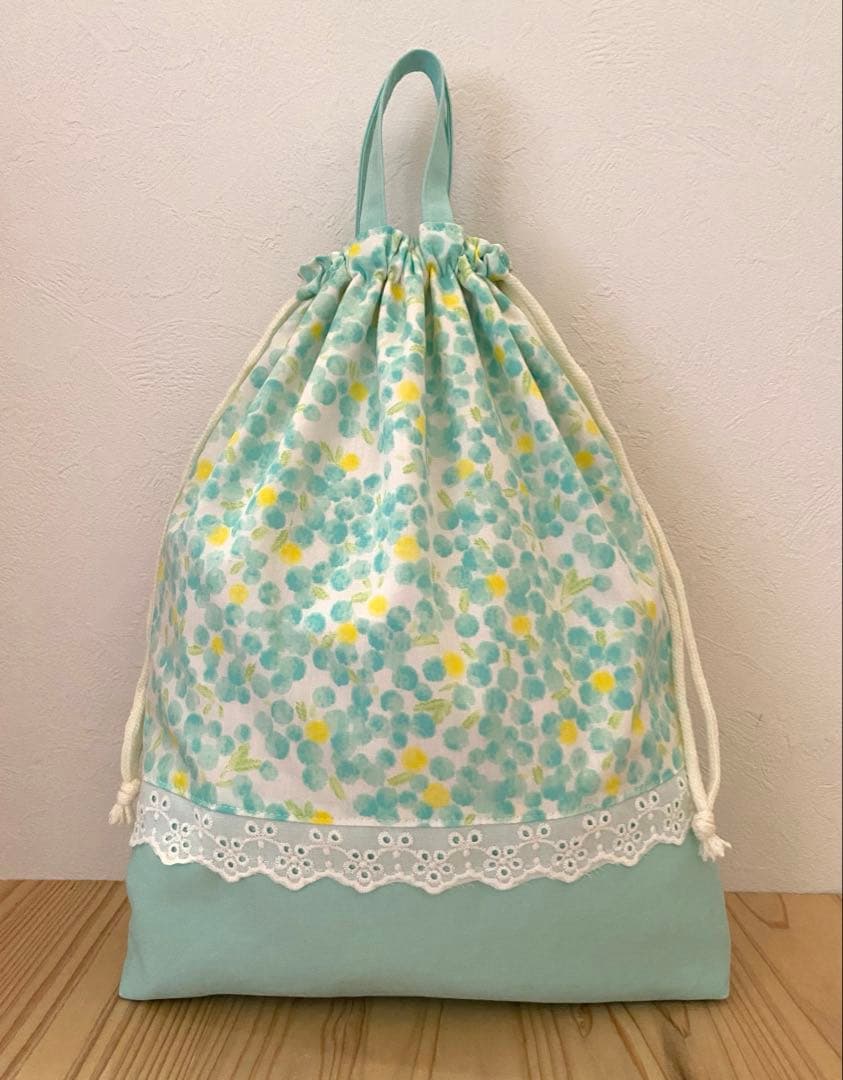 ハンドメイド　入園入学準備６点セット　レッスンバッグ　ミモザ　グリーン　イエロー