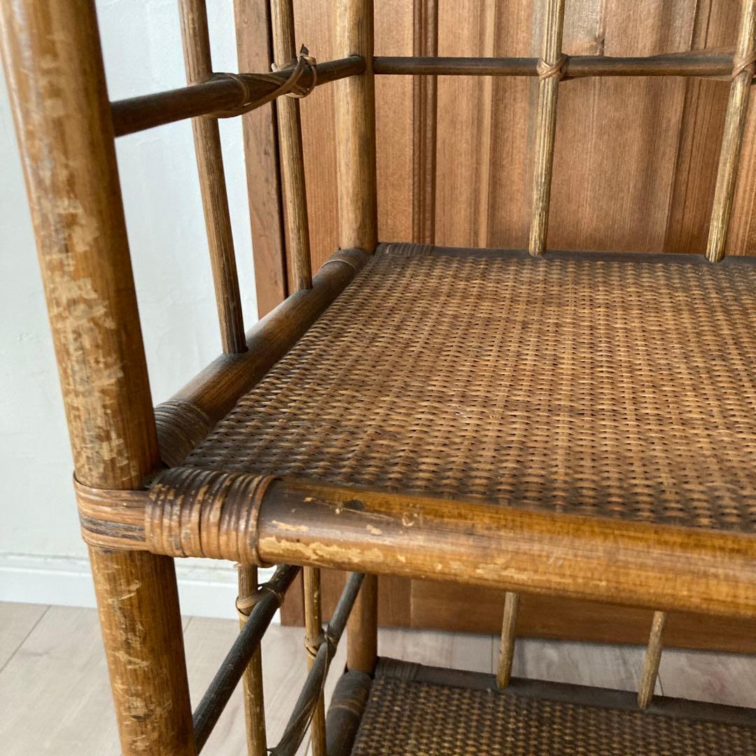 ラタン3段ラック●籐ラック　棚　昭和レトロアンティーク棚　木製　アーチ
