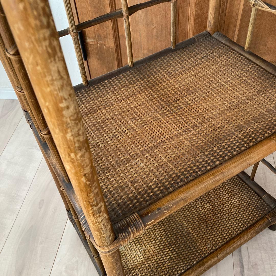 ラタン3段ラック●籐ラック　棚　昭和レトロアンティーク棚　木製　アーチ