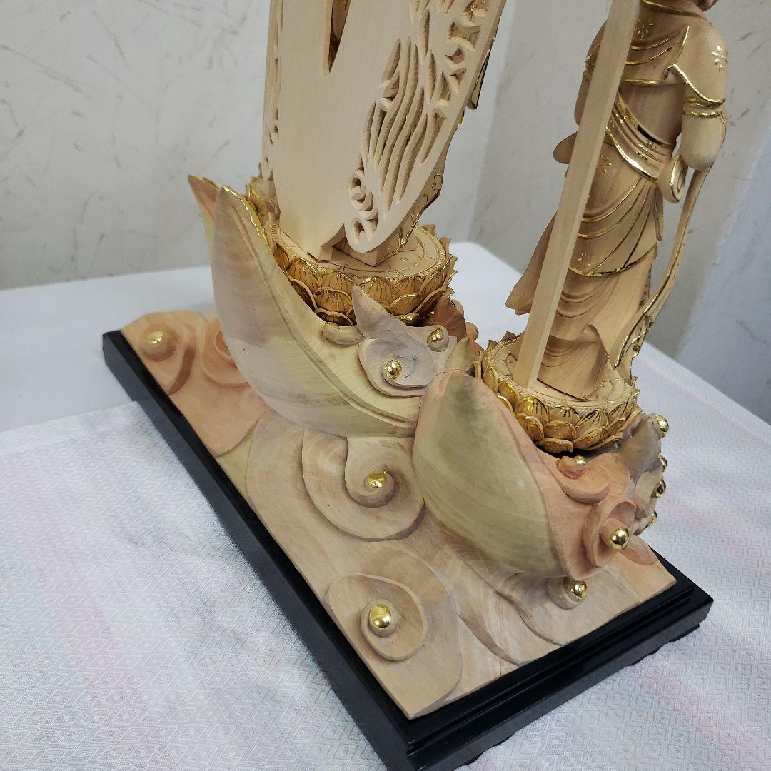仏像★伽耶材 阿弥陀如来三尊像6寸立★観音菩薩・勢至菩薩淡彩色錐金来迎姿