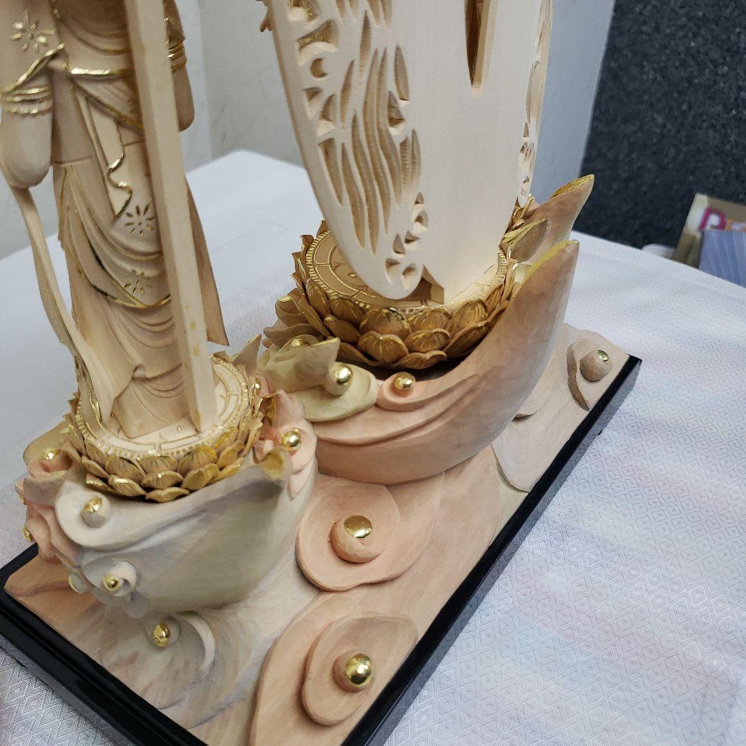 仏像★伽耶材 阿弥陀如来三尊像6寸立★観音菩薩・勢至菩薩淡彩色錐金来迎姿