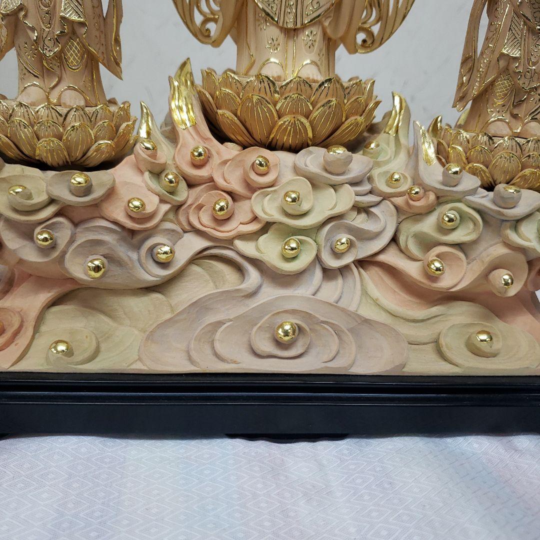 仏像★伽耶材 阿弥陀如来三尊像6寸立★観音菩薩・勢至菩薩淡彩色錐金来迎姿