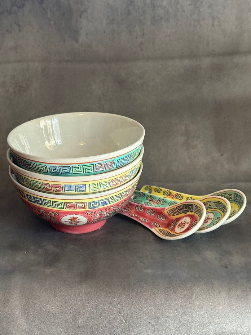 ★大人気★【茶碗＆れんげ３色セット／新品未使用】景徳鎮/汁碗