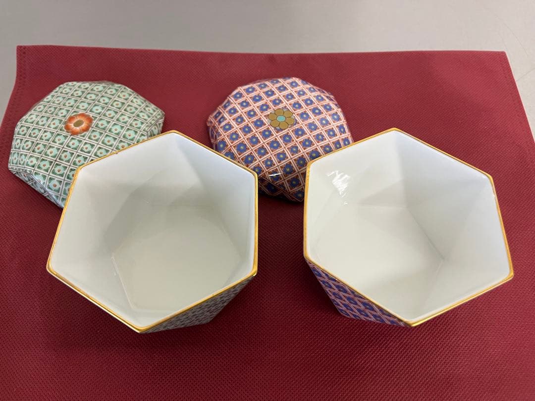 深川製磁 蓋付き六角小鉢 2点セット 金彩 和柄 菓子器 有田焼