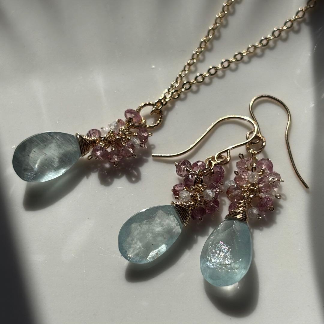 シンデレラアクアマリン✴︎14kgfピアス＆ペントップ S307