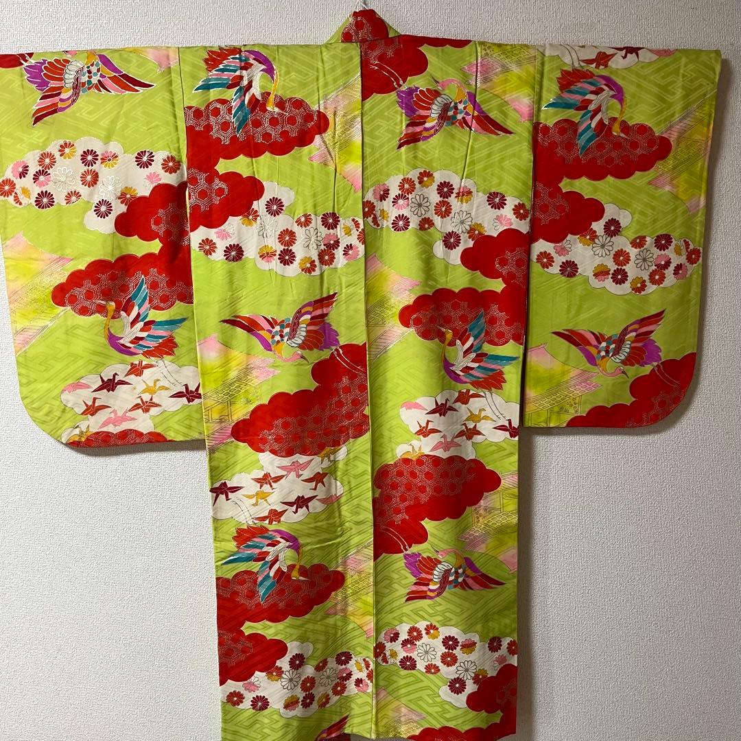 七五三　7歳　黄緑　アンティーク　着物セット　フルセット