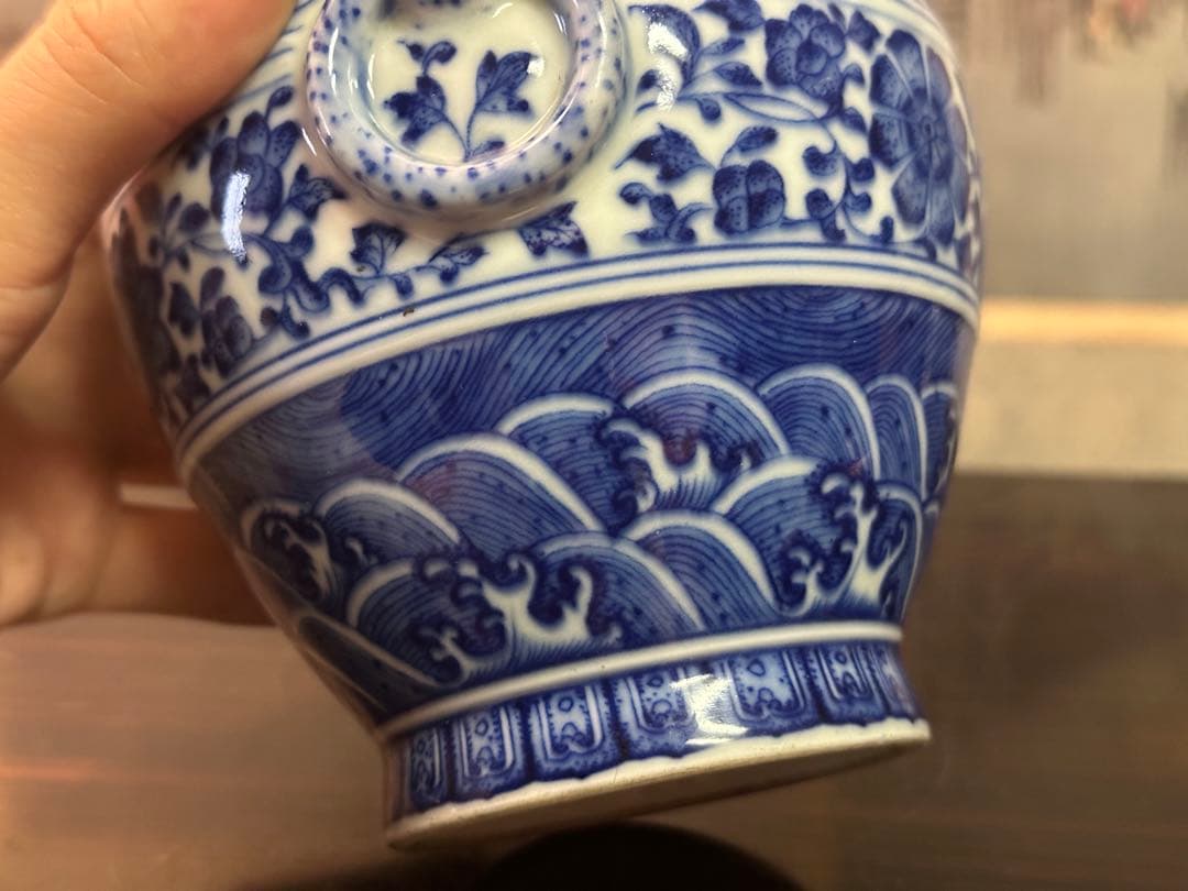 染付雙耳小壺 大清乾隆年製 清花瓶 箱付 中國古美術 高 15cm