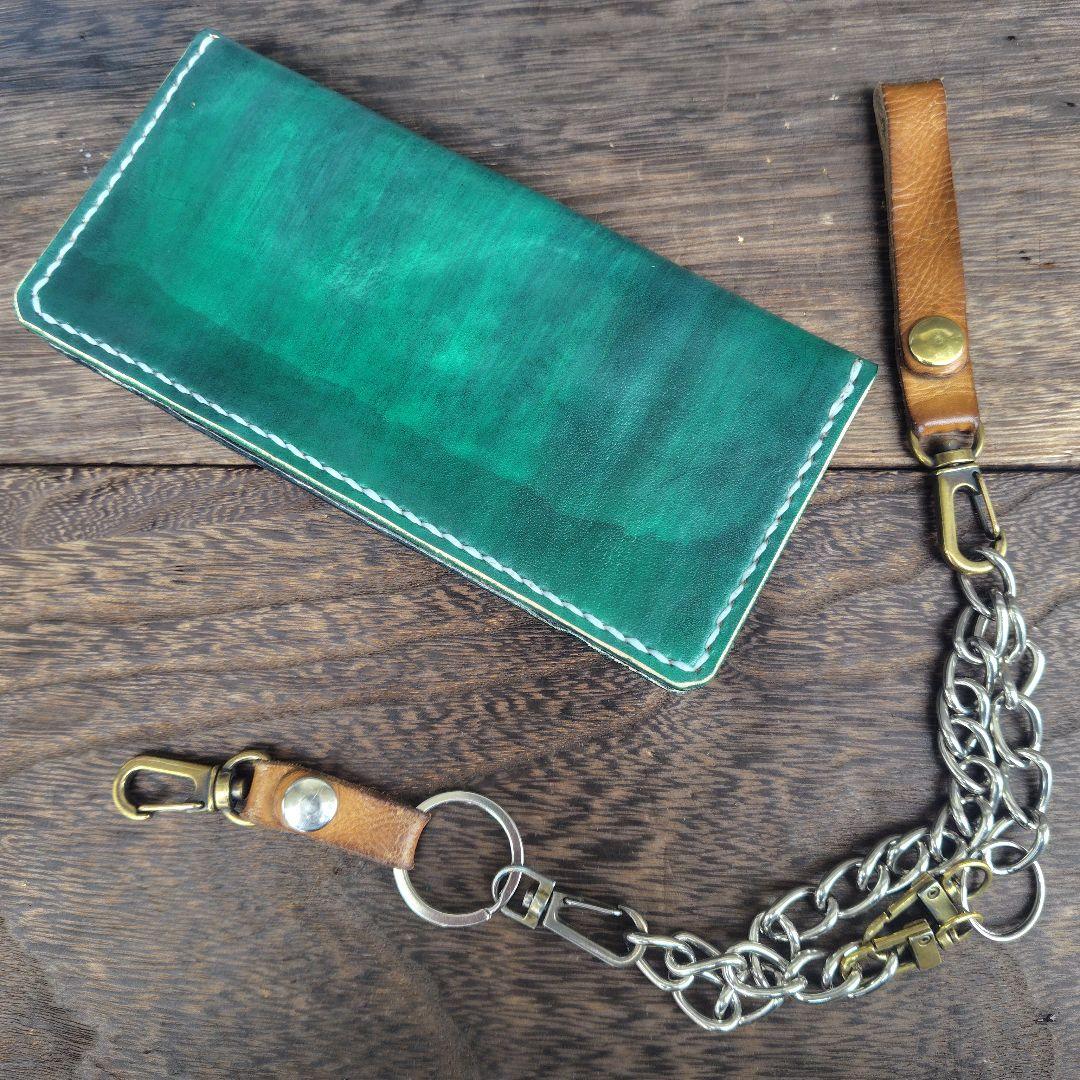トラッカーウォレット ロング 手染め 緑×黒