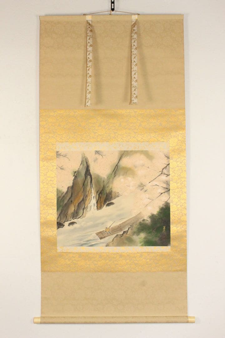 No5252 掛軸　加畑晃風　「嵐峡桜」　絹本着色　金銘　共箱　日本画　送料無料