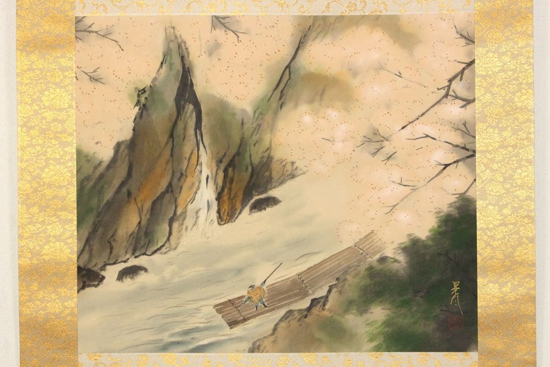 No5252 掛軸　加畑晃風　「嵐峡桜」　絹本着色　金銘　共箱　日本画　送料無料