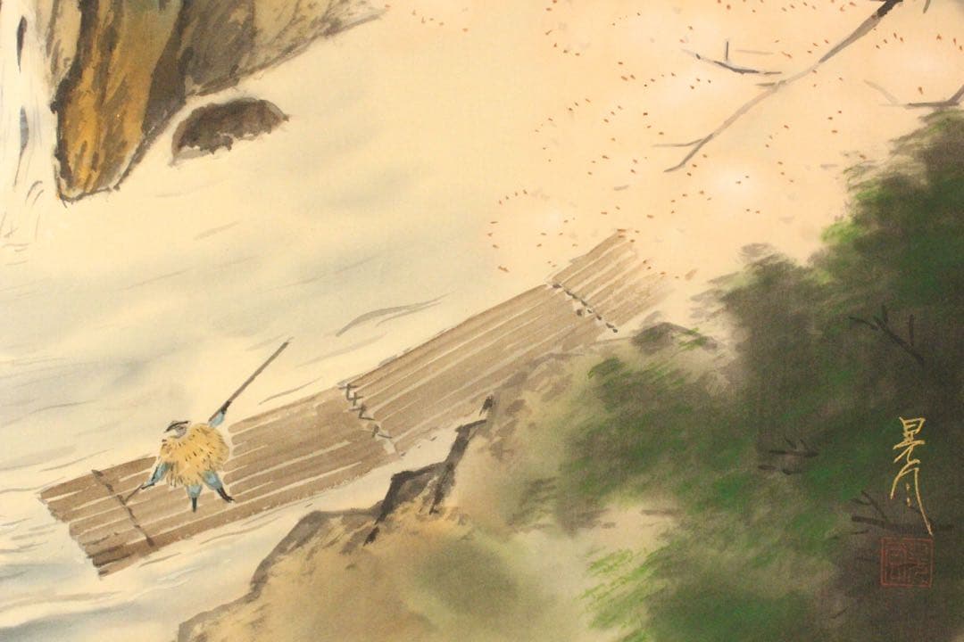 No5252 掛軸　加畑晃風　「嵐峡桜」　絹本着色　金銘　共箱　日本画　送料無料