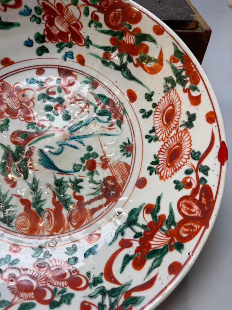 DT518 中国美術 呉須赤絵 鳳花紋皿 35.5cm 明末期 美品