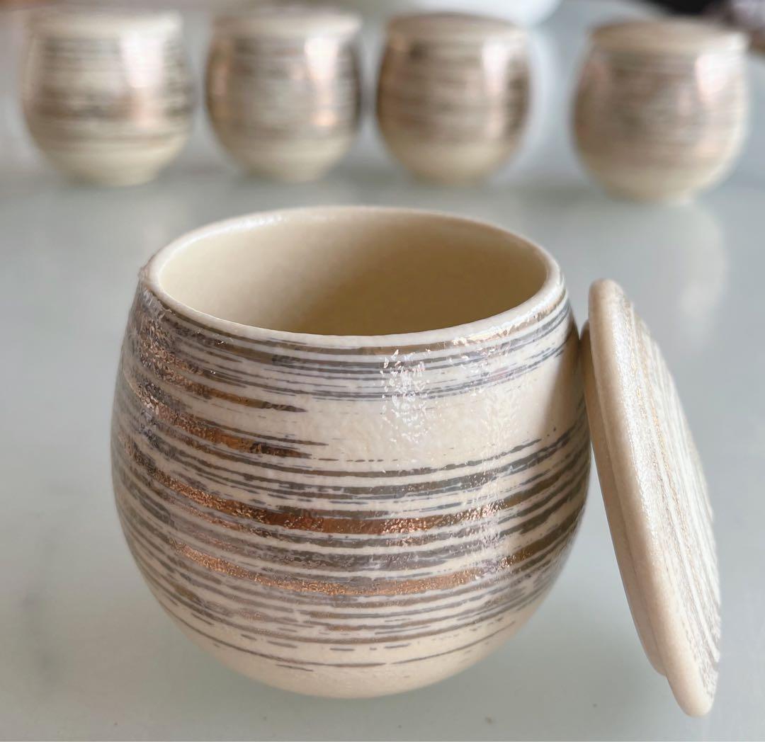 茶碗蒸し器　蓋つき煮物椀 5個セット クリーム色と金のストライプ