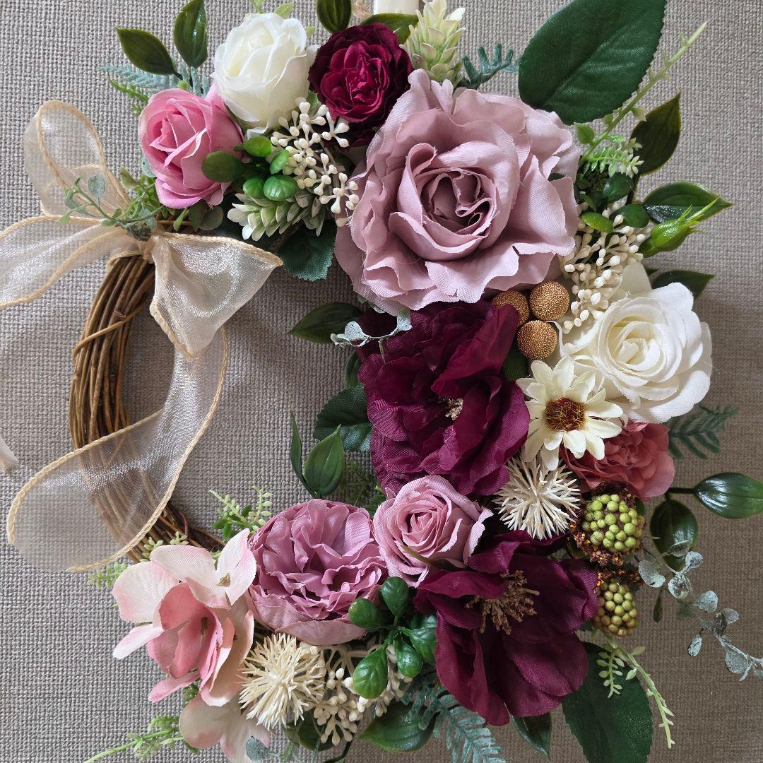 フラワーリース 秋麗19 咲き誇る花たち 秋冬 玄関リース 造花