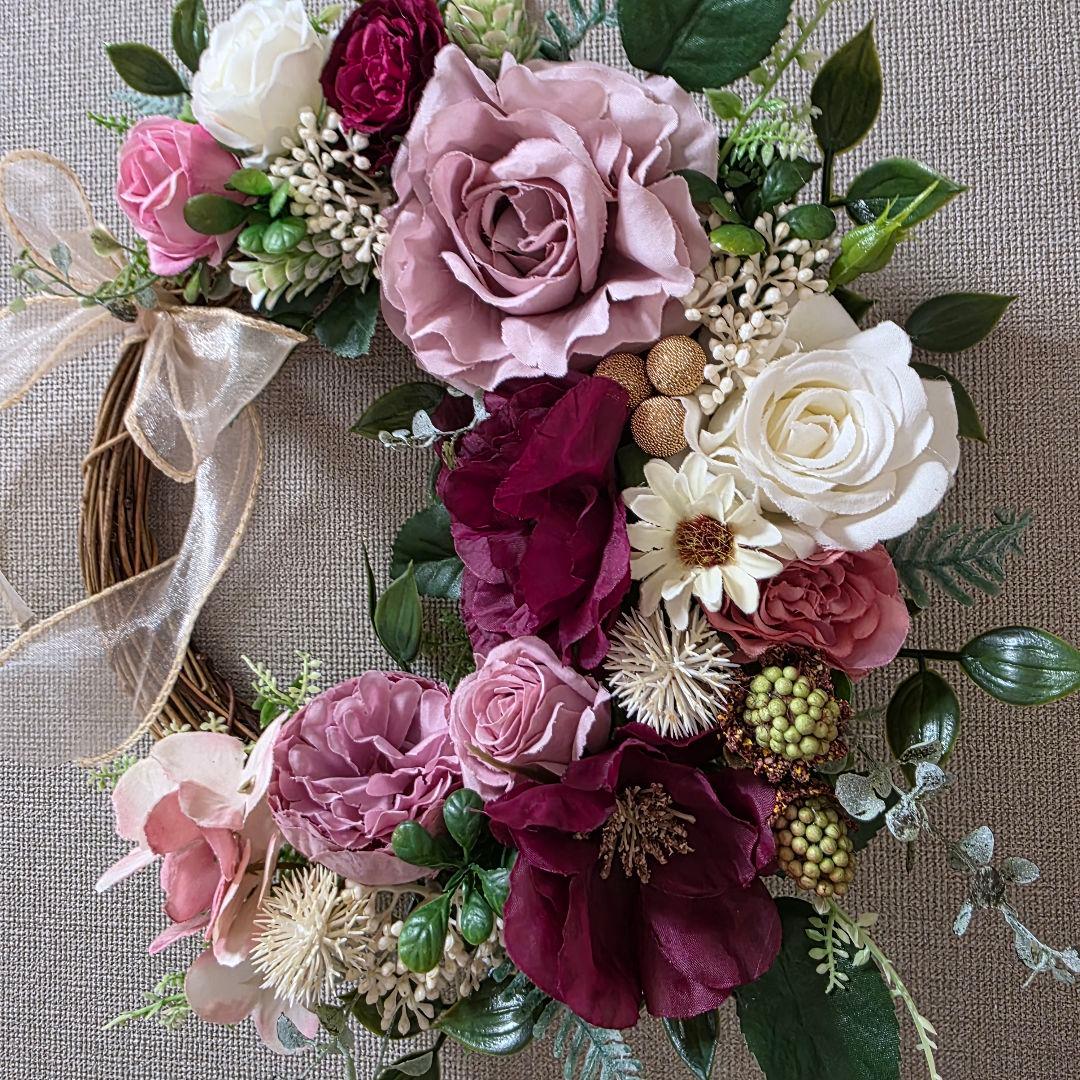 フラワーリース 秋麗19 咲き誇る花たち 秋冬 玄関リース 造花