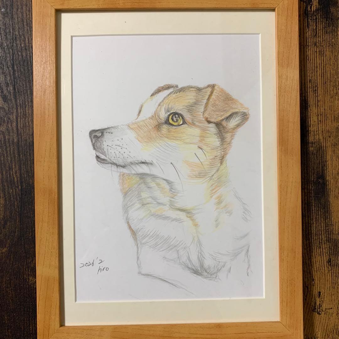 犬の鉛筆画 A4サイズ 木製フレーム付き