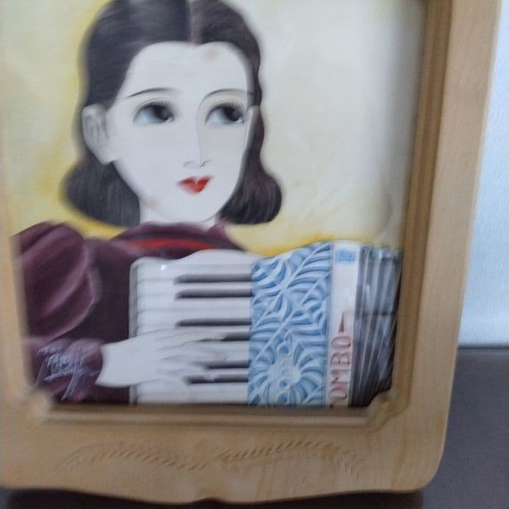 昭和レトロ美人画 直筆(アコーディオン)木製額縁
