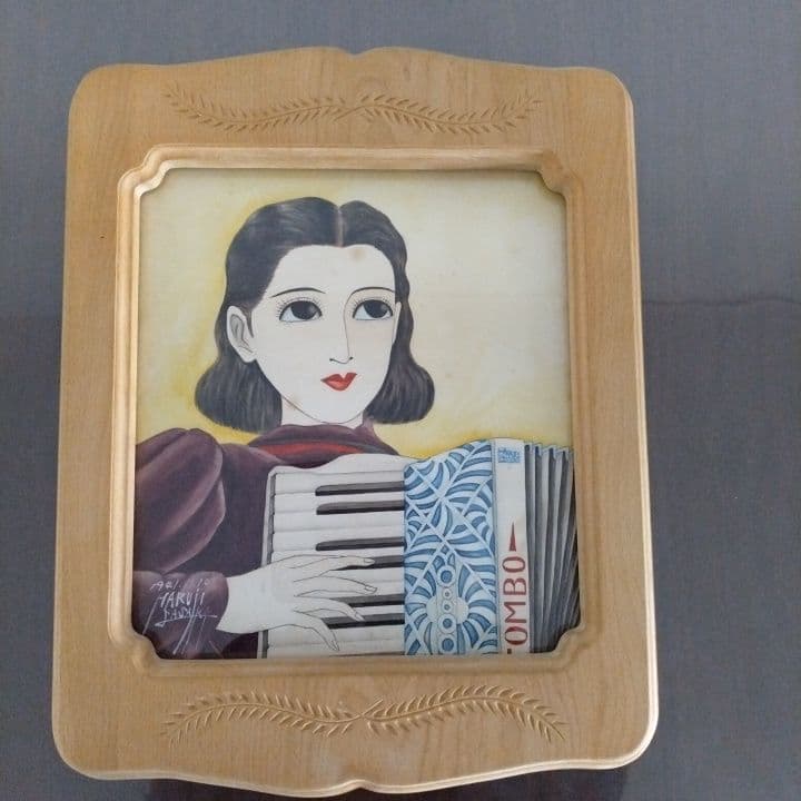 昭和レトロ美人画 直筆(アコーディオン)木製額縁