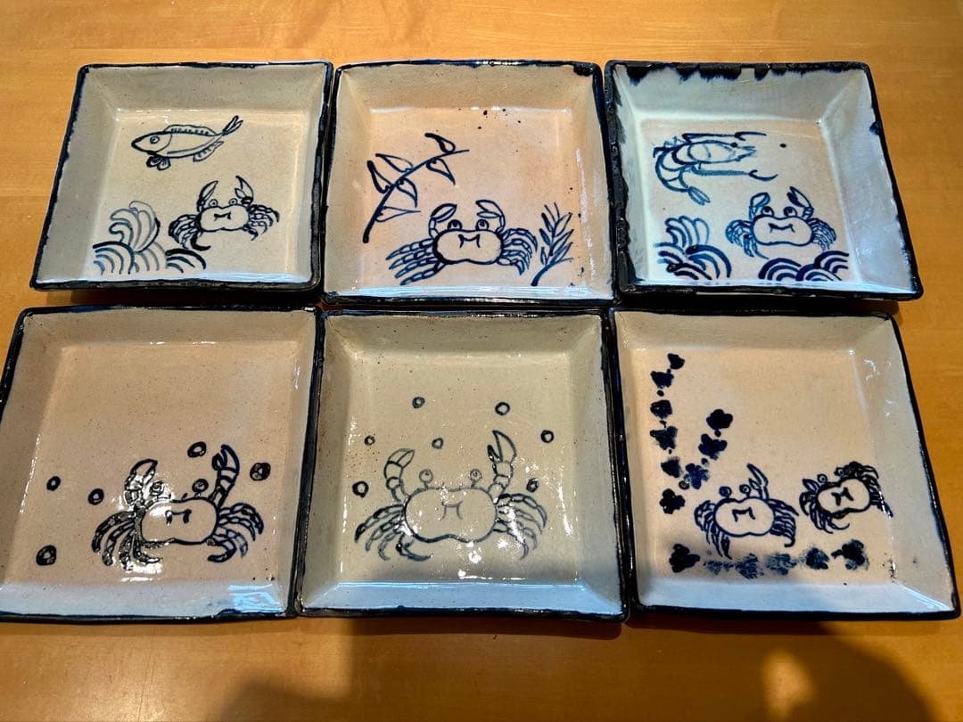 カニと魚の手描き陶器皿6枚セット