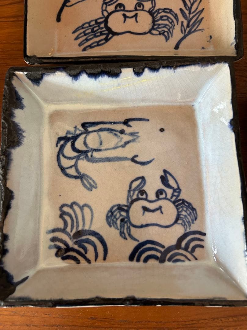 カニと魚の手描き陶器皿6枚セット