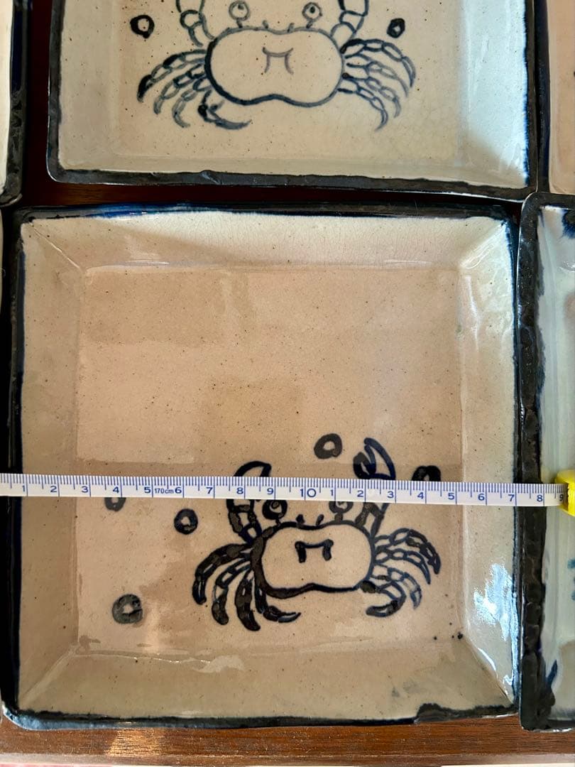 カニと魚の手描き陶器皿6枚セット