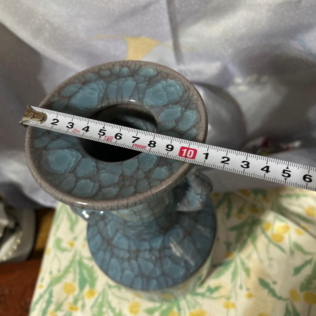 青磁（せいじ）の花瓶 青色ドラゴンハンドル花瓶